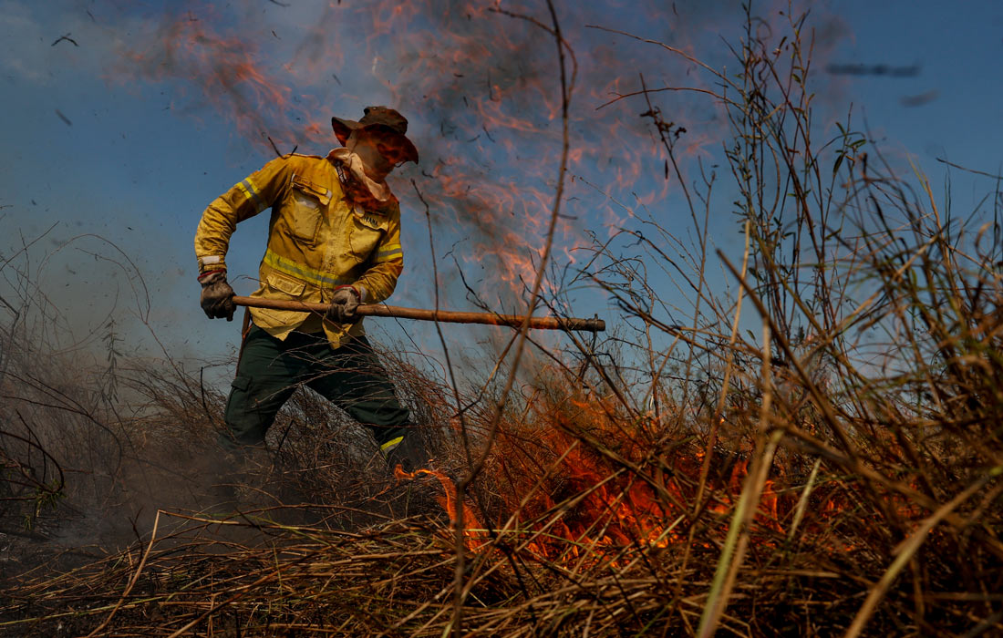Тушение пожара в бразильском заповеднике Пантанал